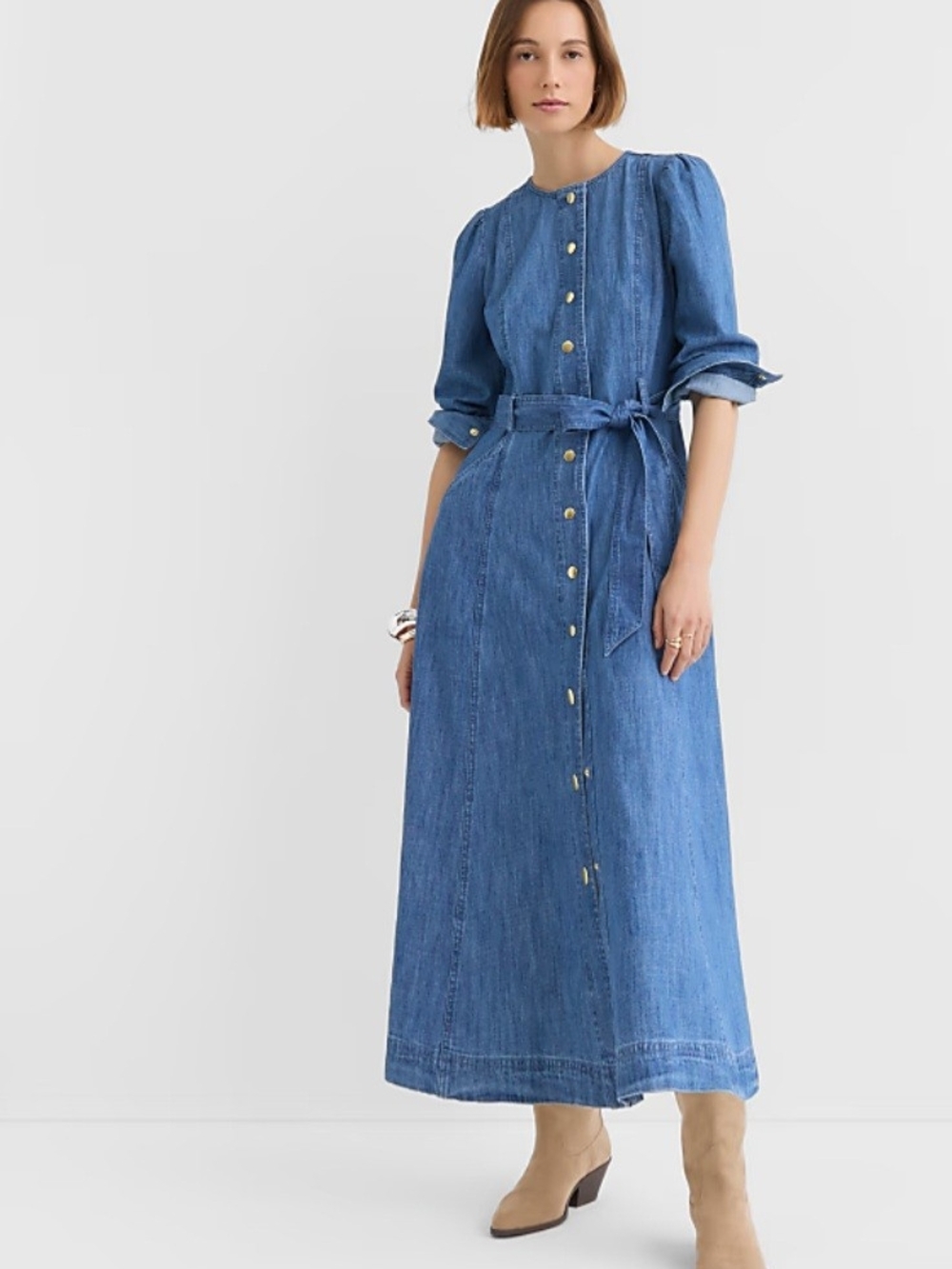 LOFT Blue Denim Button-Front Maxi Dress with Tie Waist